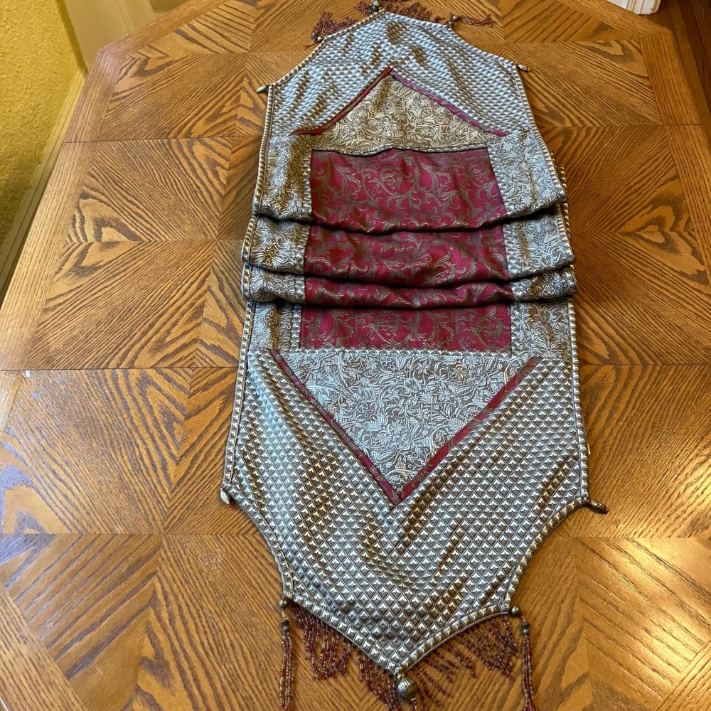 Classic Table Runner Red Gold Beaded Tassel Floral Brocade Castle Royalcore Luxe